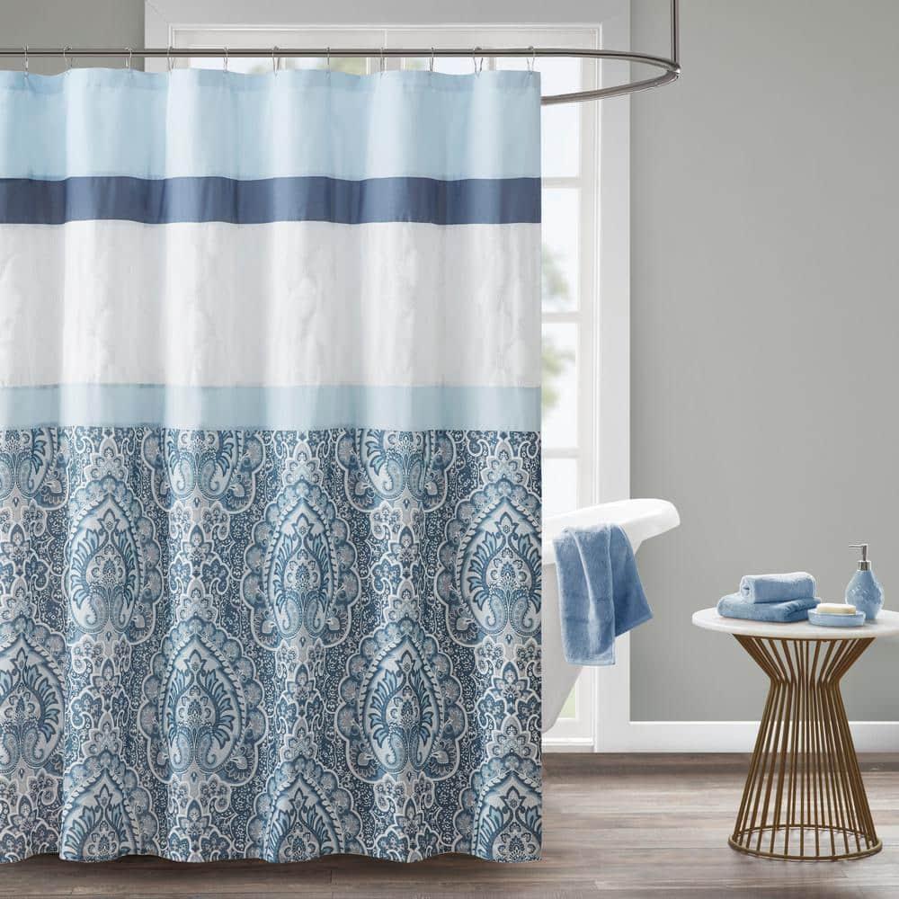 510 Design Shower Stacie Embroidered Shower Curtain Blue: Microfiber, Machine Washable, Non-Slip Backing