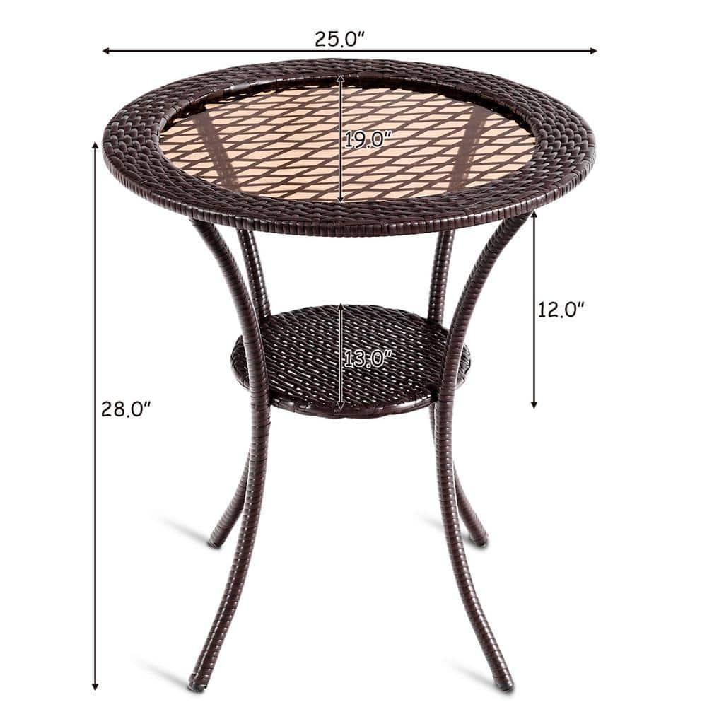 Tangkula Outdoor Side Table with Storage PE Wicker Patio Bistro Table with Tempered Glass Tabletop