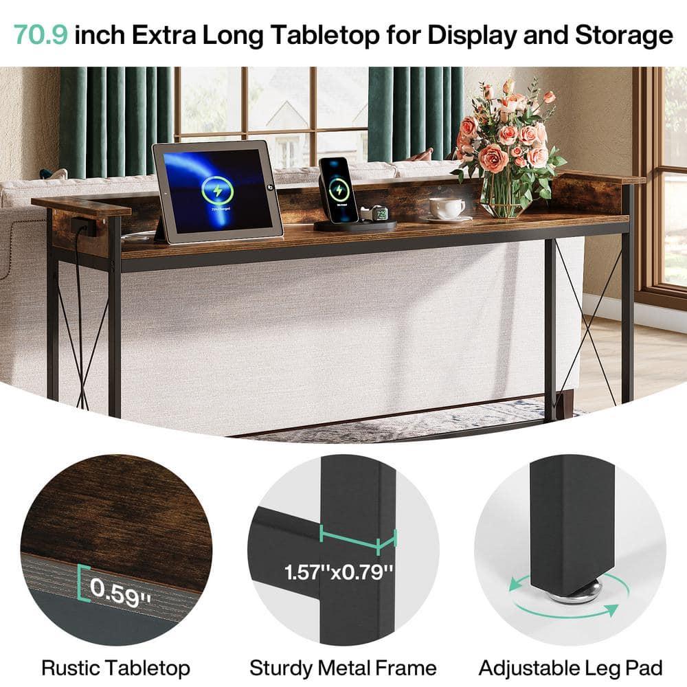Tribesigns Sofa Table with Outlets and USB Ports, 70.9 inch Console Table, Industrial Entryway Hallway Accent Table for Living Room,Brown & Black