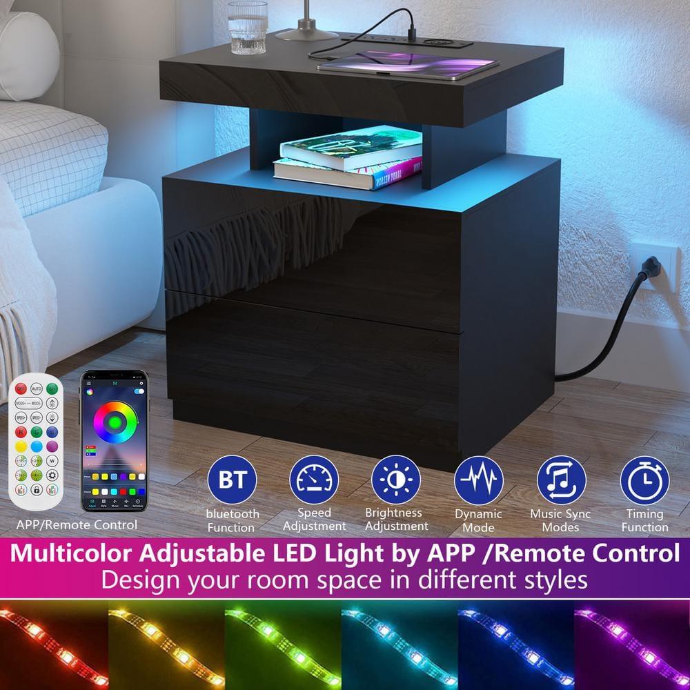 Black Nightstand with Wireless Charging Station and LED Lights, Bedside Table with 2 Drawers, Open Storage, 1 Pull-Out Tray, End Side Table with Storage