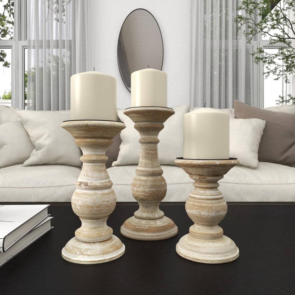 DecMode Traditional and Timeless Mango Wood Pillar Candle Holder Set of 3, 6", 8", 10"H, Cream Finish