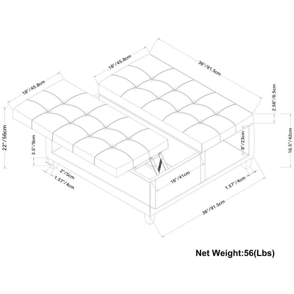 Simpli Home Harrison 36"W Upholstered Square Coffee Table Storage Ottoman with Split Lift Top