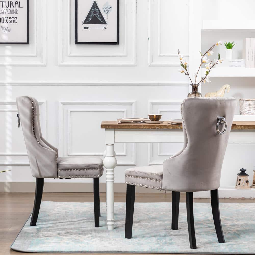 Polytrends Grandview Tufted Upholstered Dining Chair (Set of 2) with Nailhead Trim and Ring Pull Wingback Chairs Grey Velvet
