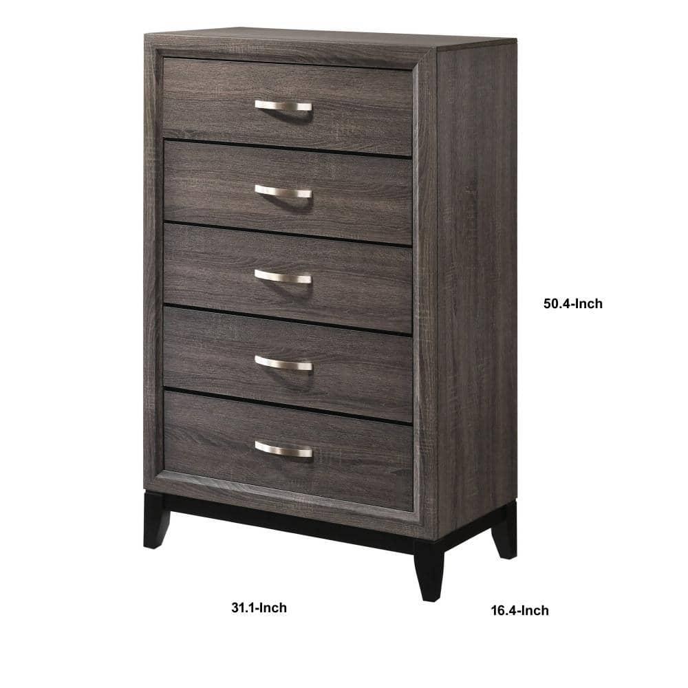 Benjara Chest with 5 Storage Drawers and Grain Details, Gray