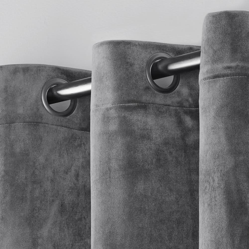 Set of 2 96"x54" Velvet Heavyweight Grommet Top Window Curtain Panel Gray: Light Filtering, Polyester, Exclusive Home