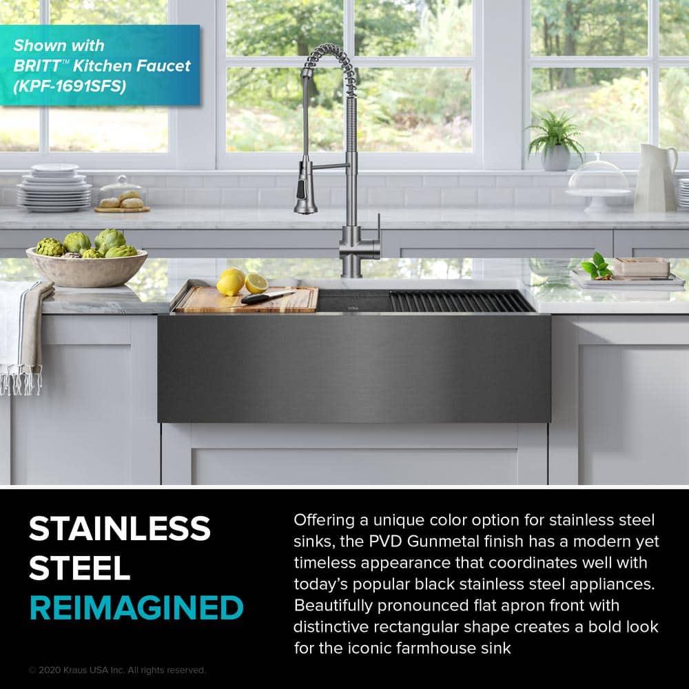 KRAUS Kore™ Workstation 33" L Farmhouse Modern Flat Apron Front 16 Gauge Black Stainless Steel Single Bowl Kitchen Sink