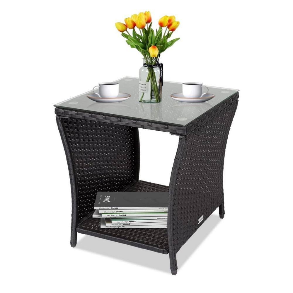 Kinbor Wicker Porch Square Side Table With Storage, Black