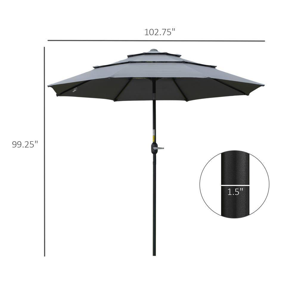 Outsunny 9' 3-Tier Patio Umbrella, Outdoor Market Umbrella with Crank and Push Button Tilt for Deck, Backyard and Lawn, Dark Gray