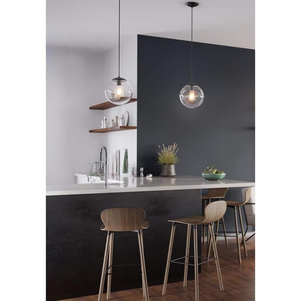 Progress Lighting, Atwell Collection, 1-Light, Pendant Light, Matte Black, Glass Globe Shade