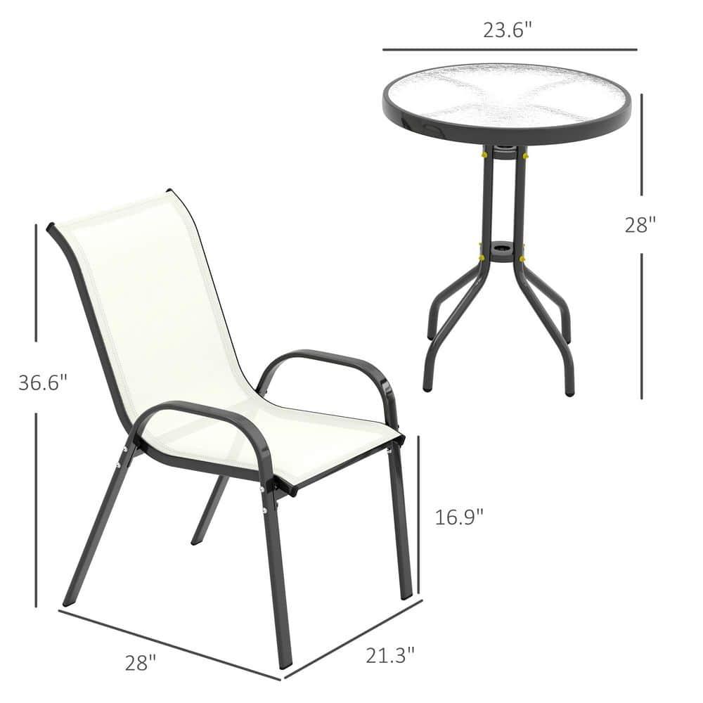 Outsunny 3 Pieces Outdoor Bistro Set, Patio Furniture with Stackable Chairs and Glass Table, High Back Small Patio Set for Balcony, Porch, Beige