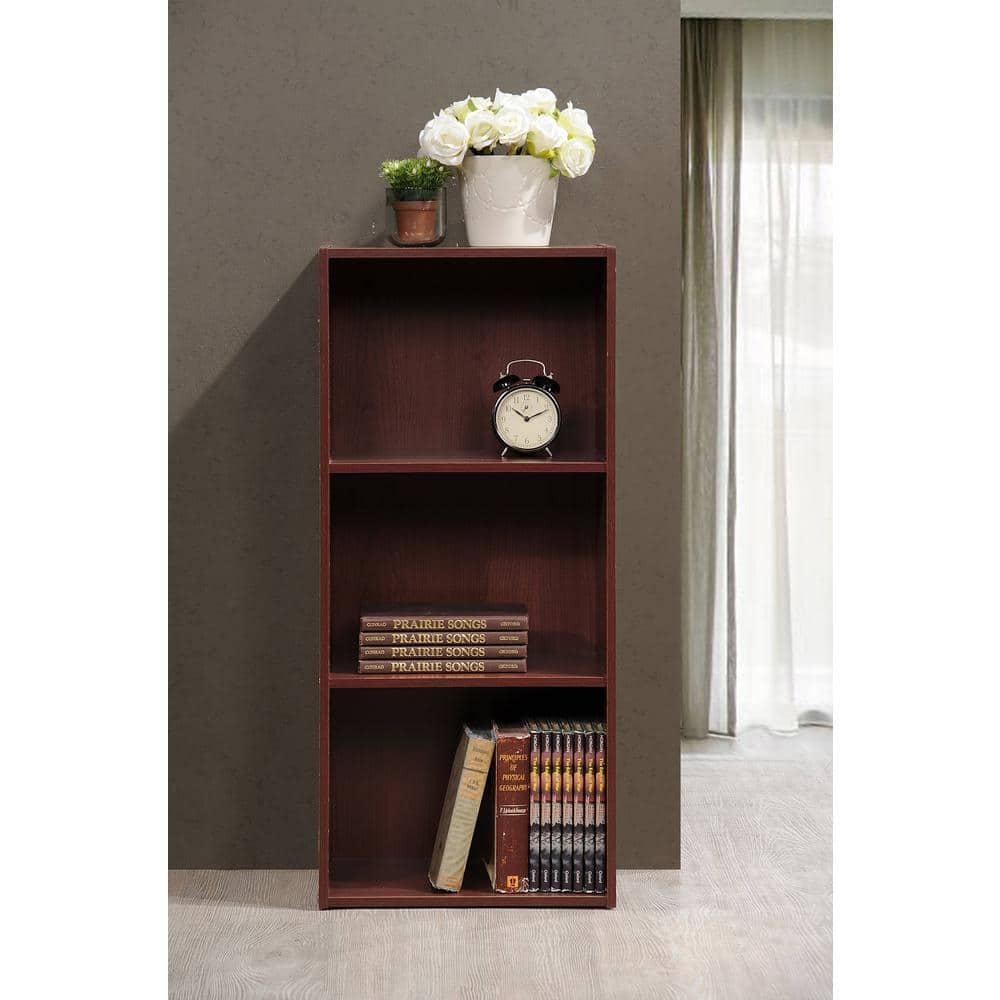 Hodedah HID23 High Quality 3 Shelf Home, Office, and School Organization Storage 35.67 Inch Tall Slim Bookcase Cabinets to Display Decor, Mahogany