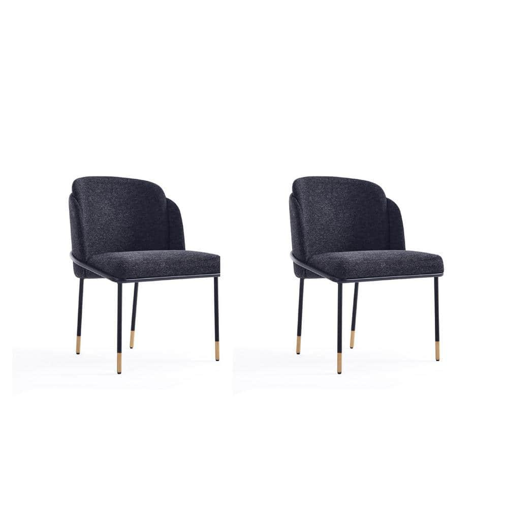 Manhattan Comfort Flor Dining Chair with Metal Legs, Upholstered in Twill Weave Fabric, Padded Cushions, Ergonomic Winged Back Design, Gold Metal Accents, Fully Assembled, 2 Piece Set, Black