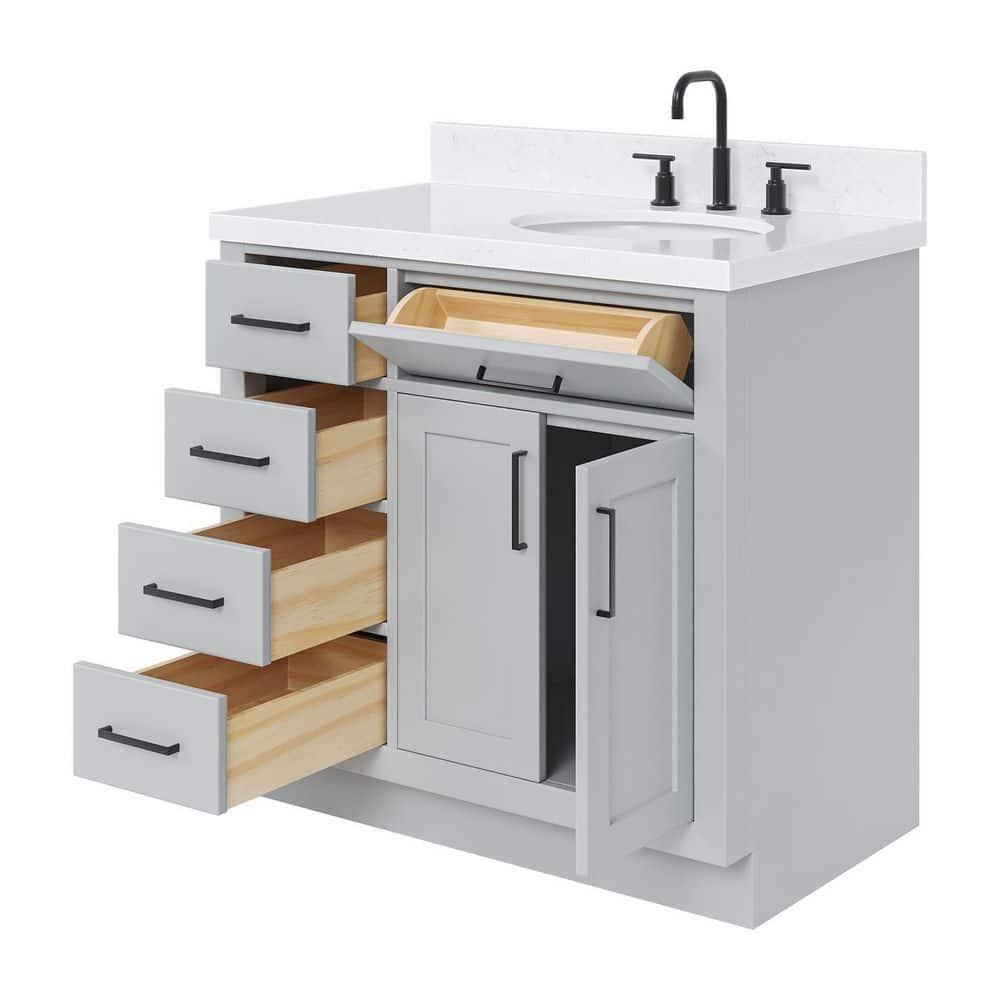 Thornaby 36'' Solid Wood Single Bathroom Vanity with 1.5'' Carrara Quartz Top, Left Offset Oval Sink
