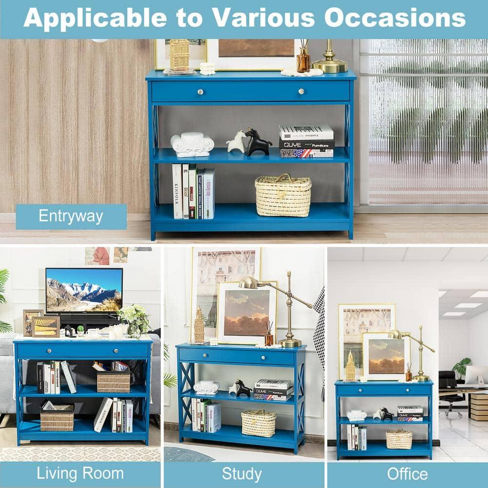 Costway 3-Tier Console Table X-Design Sofa Entryway Table with Drawer & Shelves Blue