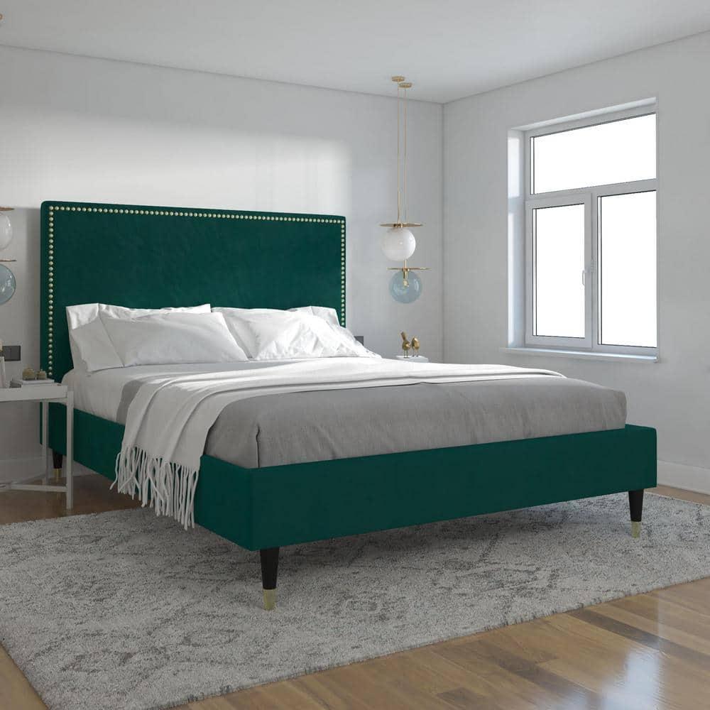 CosmoLiving by Cosmopolitan Queen Audrey Velvet Upholstered Bed Emerald Green: Luxury Glam Style, No Box Spring Needed