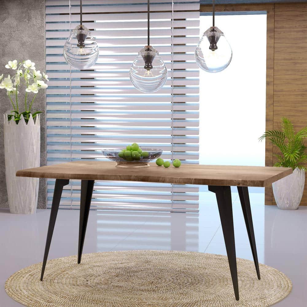 LeisureMod Ravenna Single Modern 63" Rectangular Dining Table with Wavy Edge Wood Top and Metal Legs