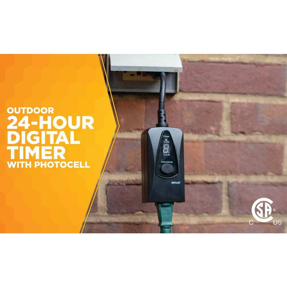 Woods 50013WD 24-Hour Dusk to Dawn Lighting Timer with Photocell and Digital Display