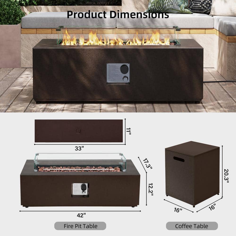 UPHA 42-inch Outdoor Propane Rectangle Fire Pit Table 50000 BTU Iron Gas FirePit for Outside Patio with Tank Cover, Removable Lid, Lava Rocks, Rain Cover, Brown