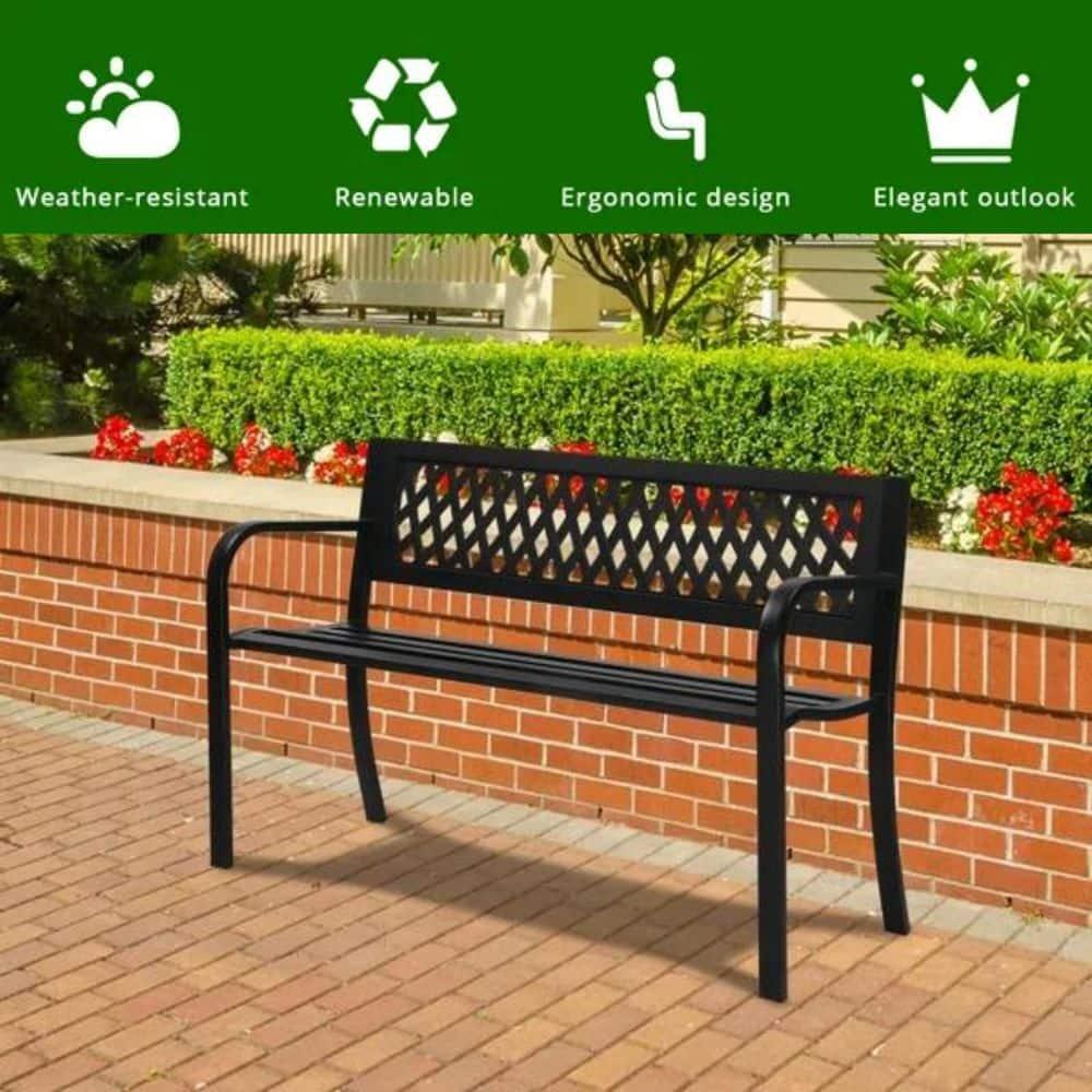 Gardenised Outdoor Steel 47 Park Bench for Yard, Patio, Garden and Deck, Black Weather Resistant Porch Bench, Park Seating