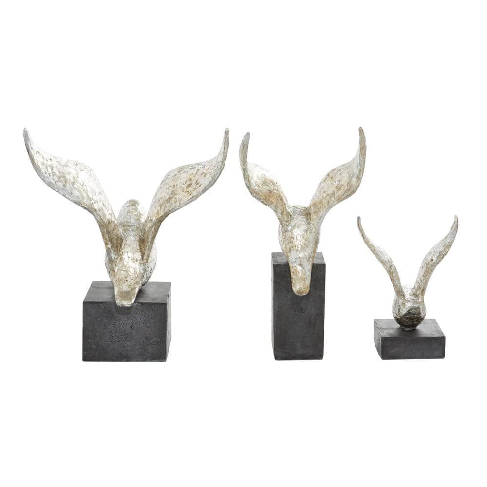 14", 9", 14"H Silver Polystone Bird Sculpture, by DecMode (3 Count)