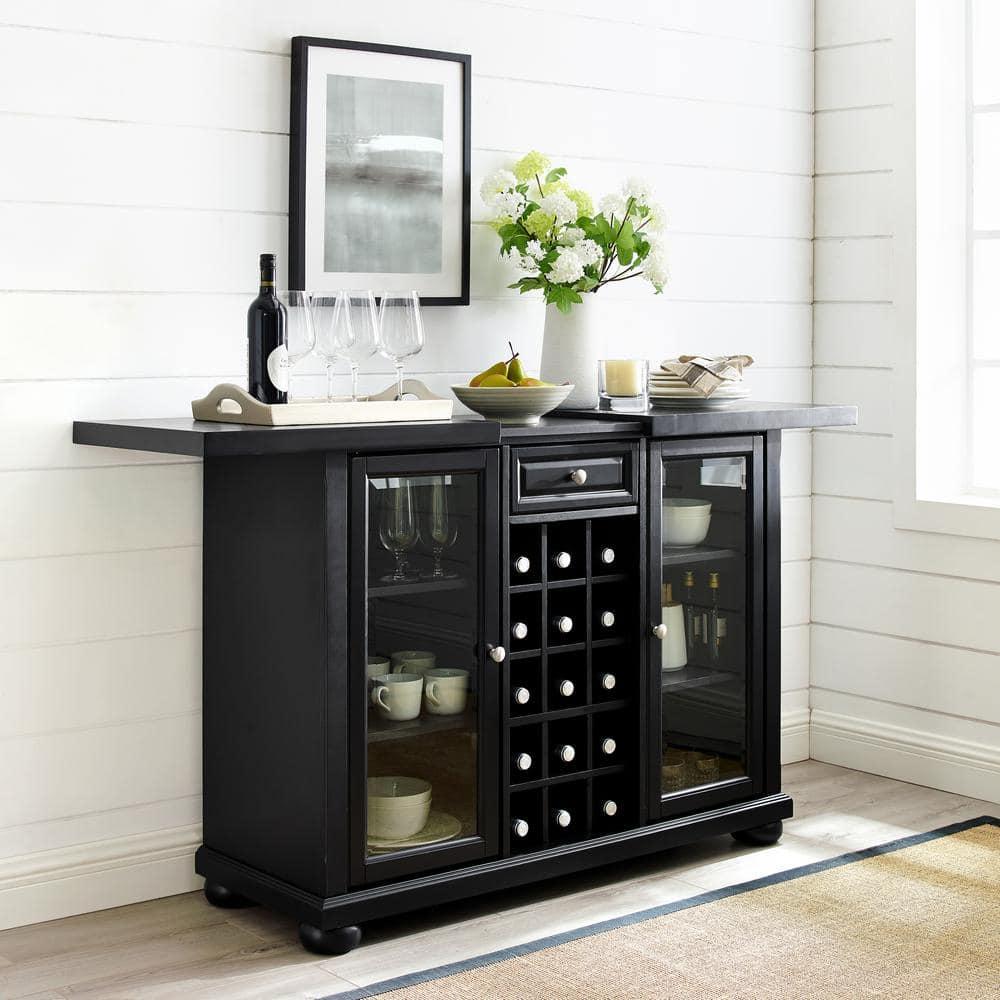 Crosley Alexandria Sliding Top Bar Cabinet Black: Rubberwood Construction, Wine & Glass Storage, Adjustable Shelves