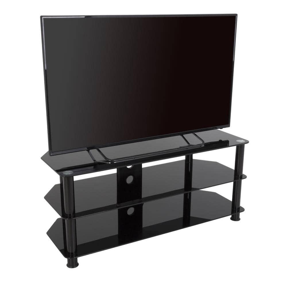 39 in. Black Glass TV Stand Fits TVs Up to 55 in. with Open Storage