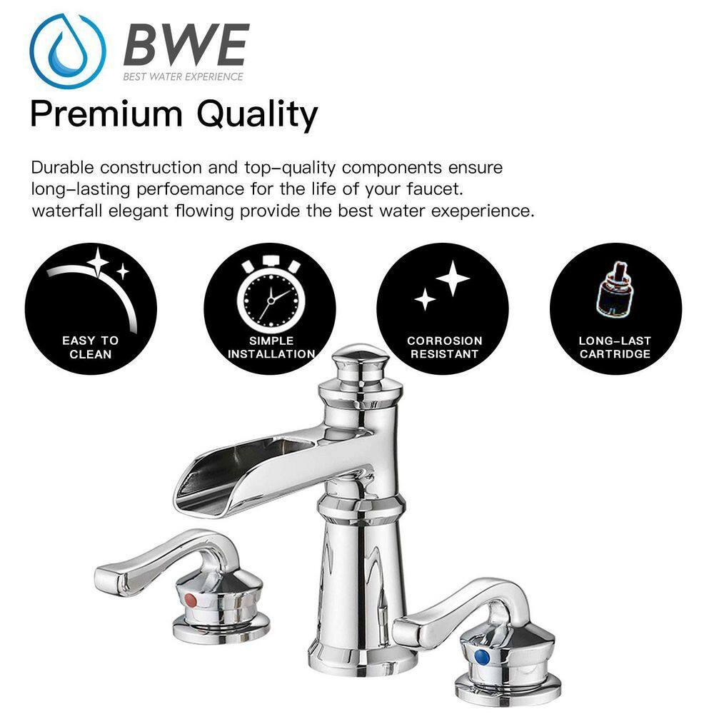 BWE 8 in. Waterfall Widespread 2-Handle Bathroom Faucet With Drain Assembly