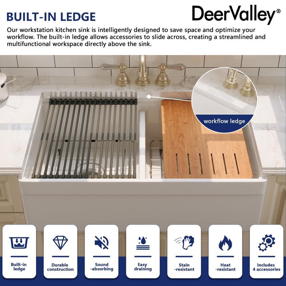 33" L X 20" W White Fireclay Double Bowl Workstation Farmhouse Kitchen Sink with Cutting Board And Dish-Drying Rack