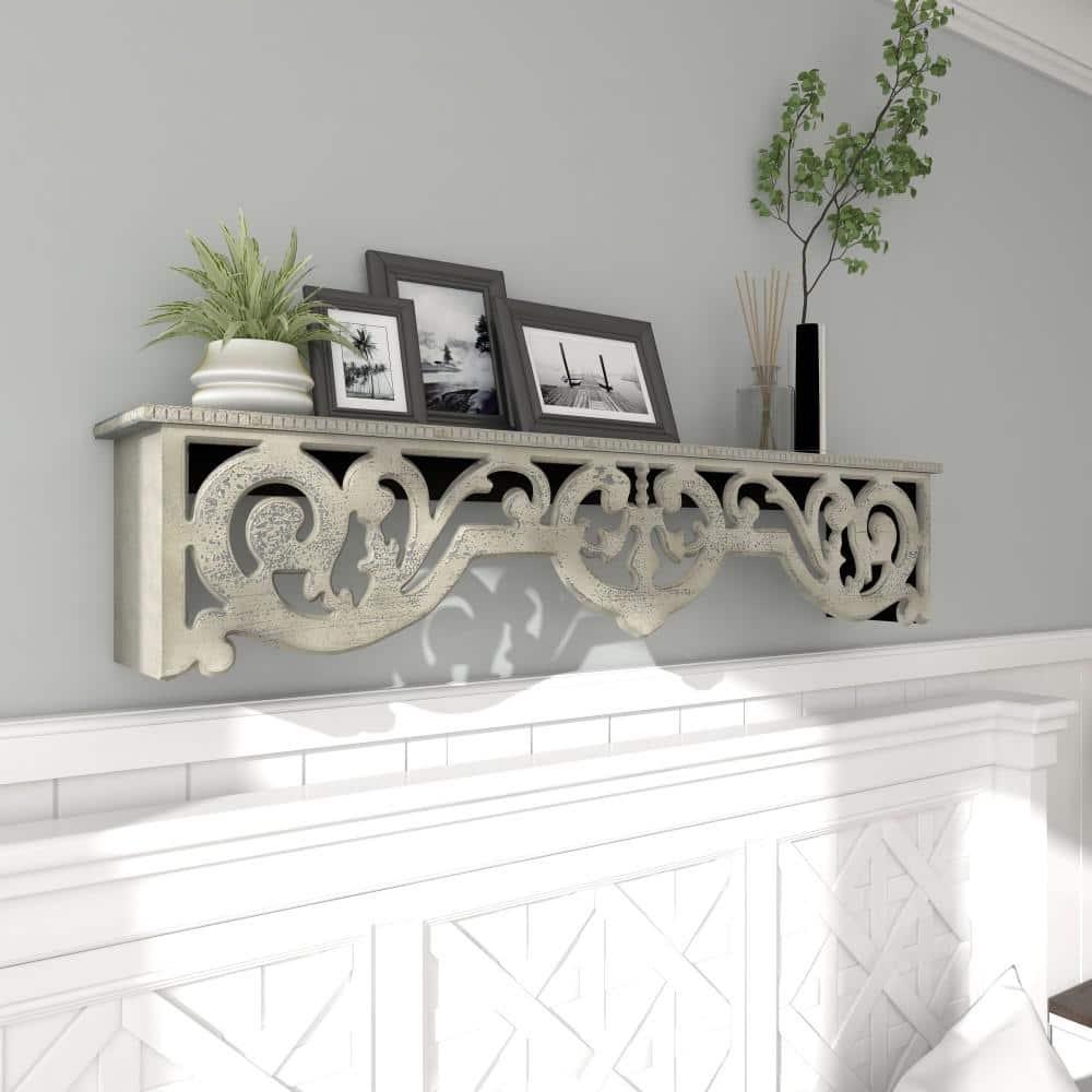 DecMode 48" x 8" 1-Tier Beige Scroll Wall Shelf with Gray Distressing