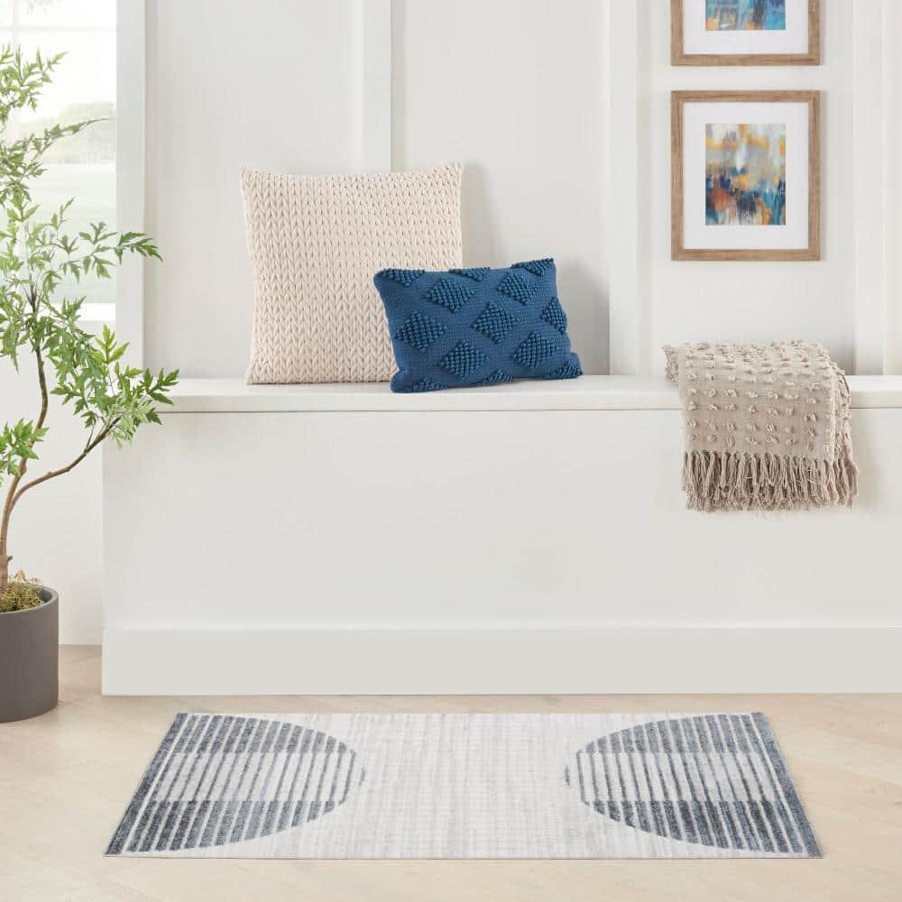 Nourison Astra Machine Washable Semi Circles Mid-Century Modern Indoor Rug Ivory Blue 2'2" x 4'