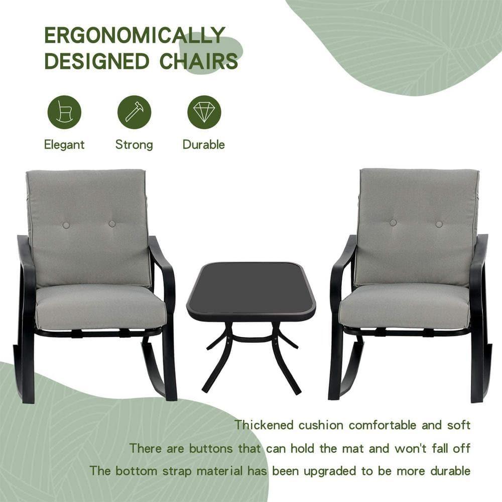 Crownland Outdoor Rocking Chairs Patio Furniture 3 Piece Patio Set Bistro Table Set Black Iron with Thickened Cushions and Glass Coffee Table, Grey
