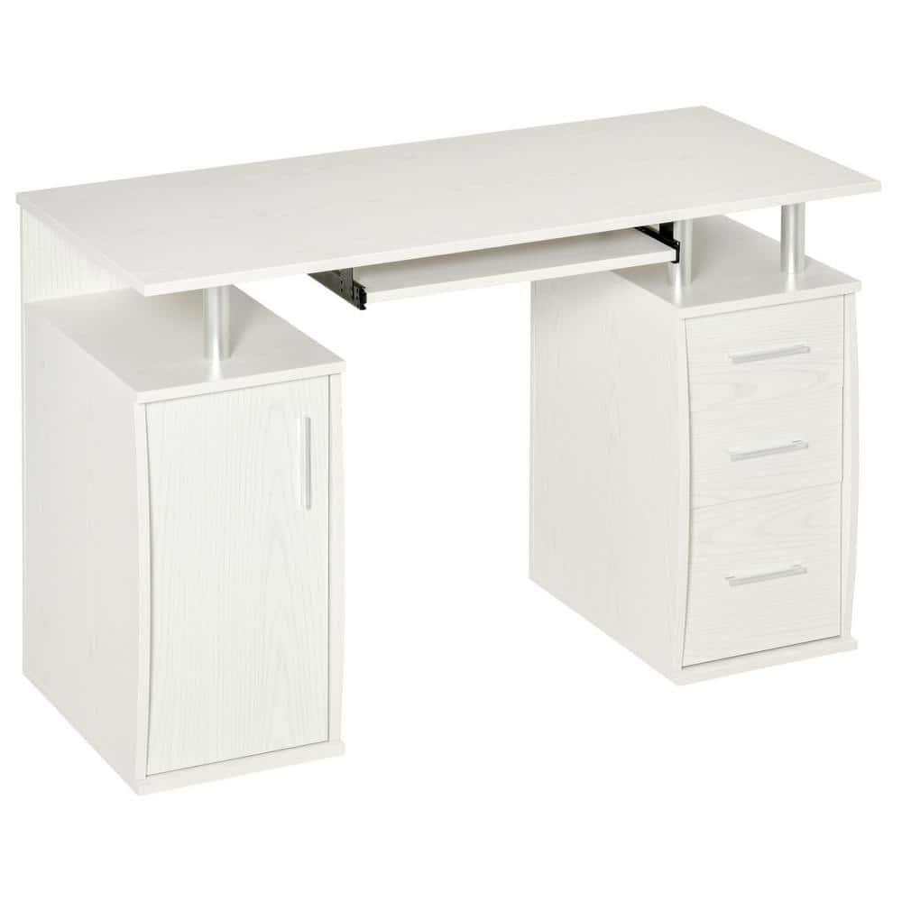 HOMCOM 47" Computer Desk with Keyboard Tray and Storage Drawers, Home Office Workstation Table with Storage Shelves, White