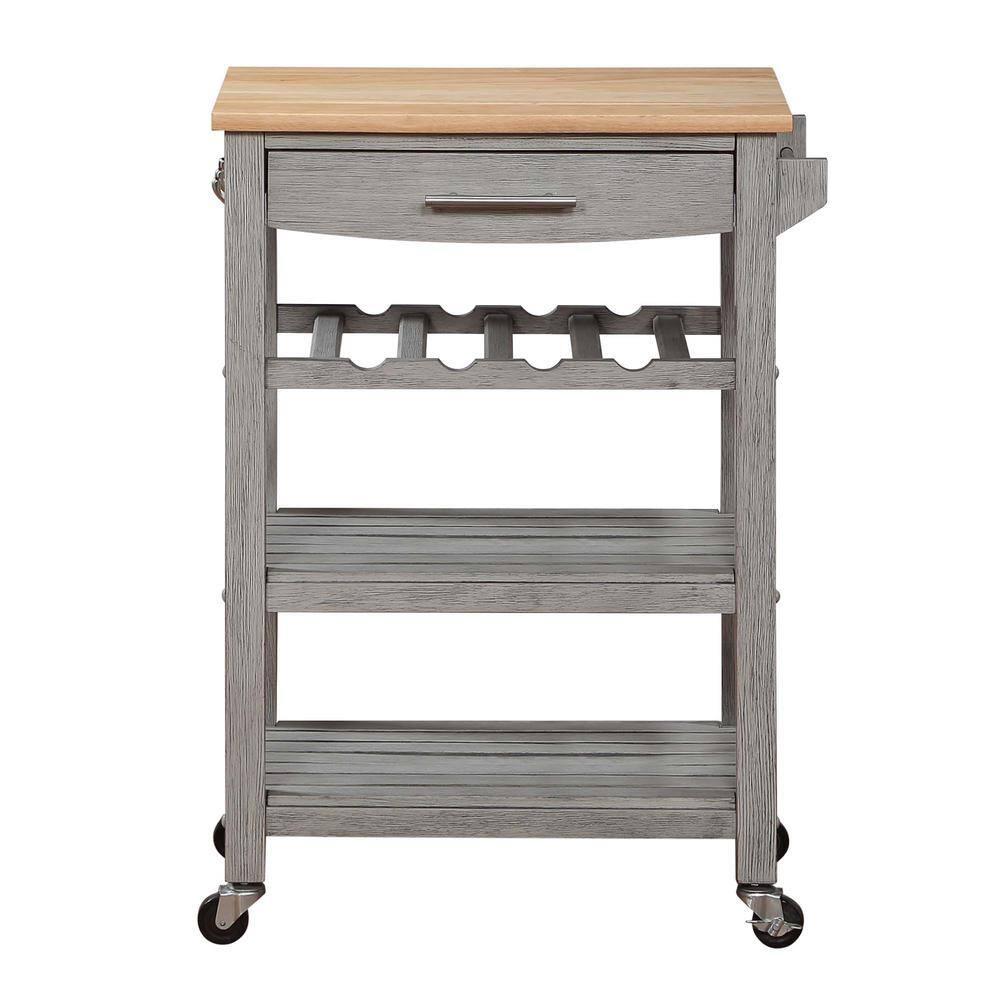 Ellaine Light Gray Solid Wood Butcher Block Kitchen Cart with Wine Rack