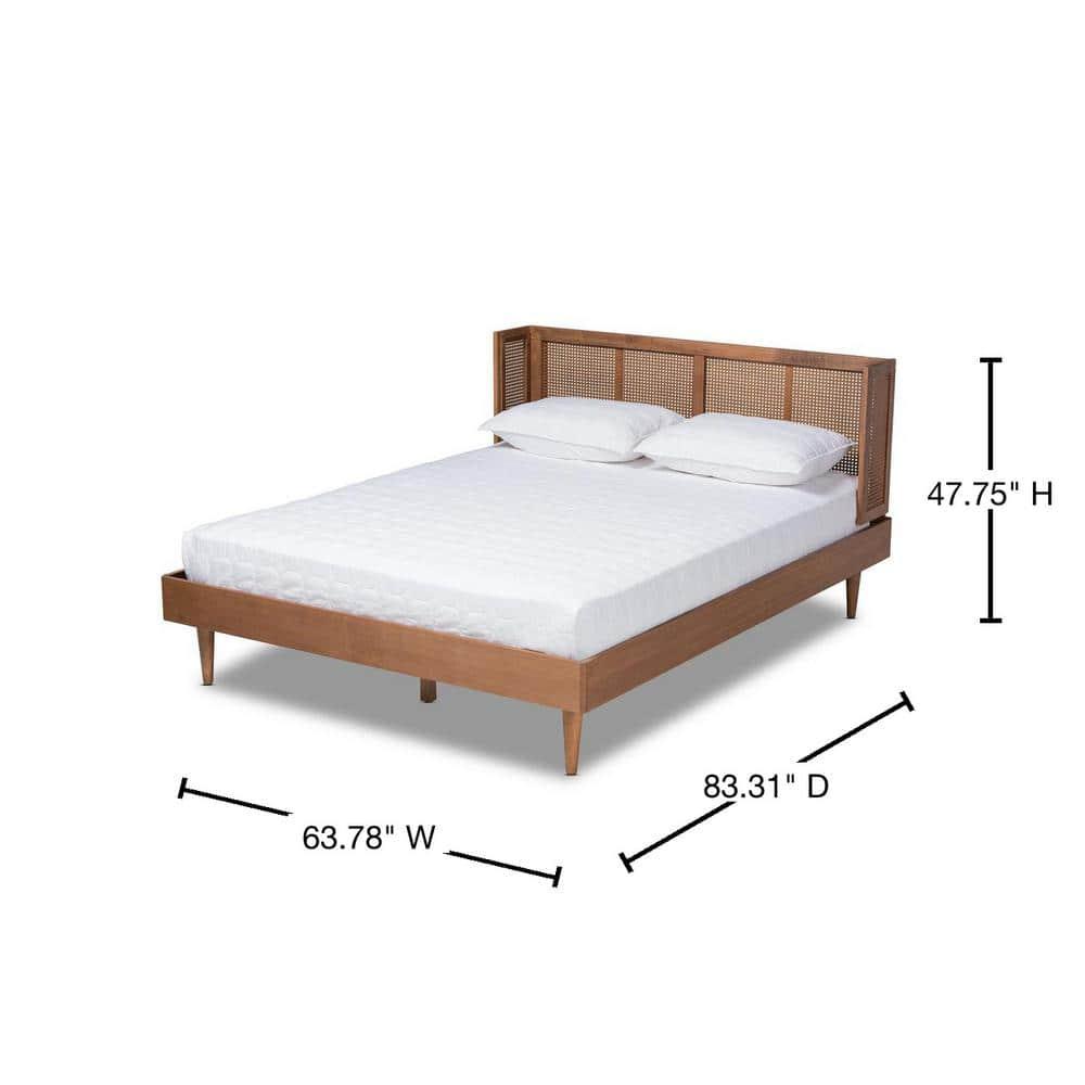 Queen Rina Wood Platform Bed with Headboard Ash Walnut - Baxton Studio: Mid-Century Modern Design, Synthetic Rattan Panel