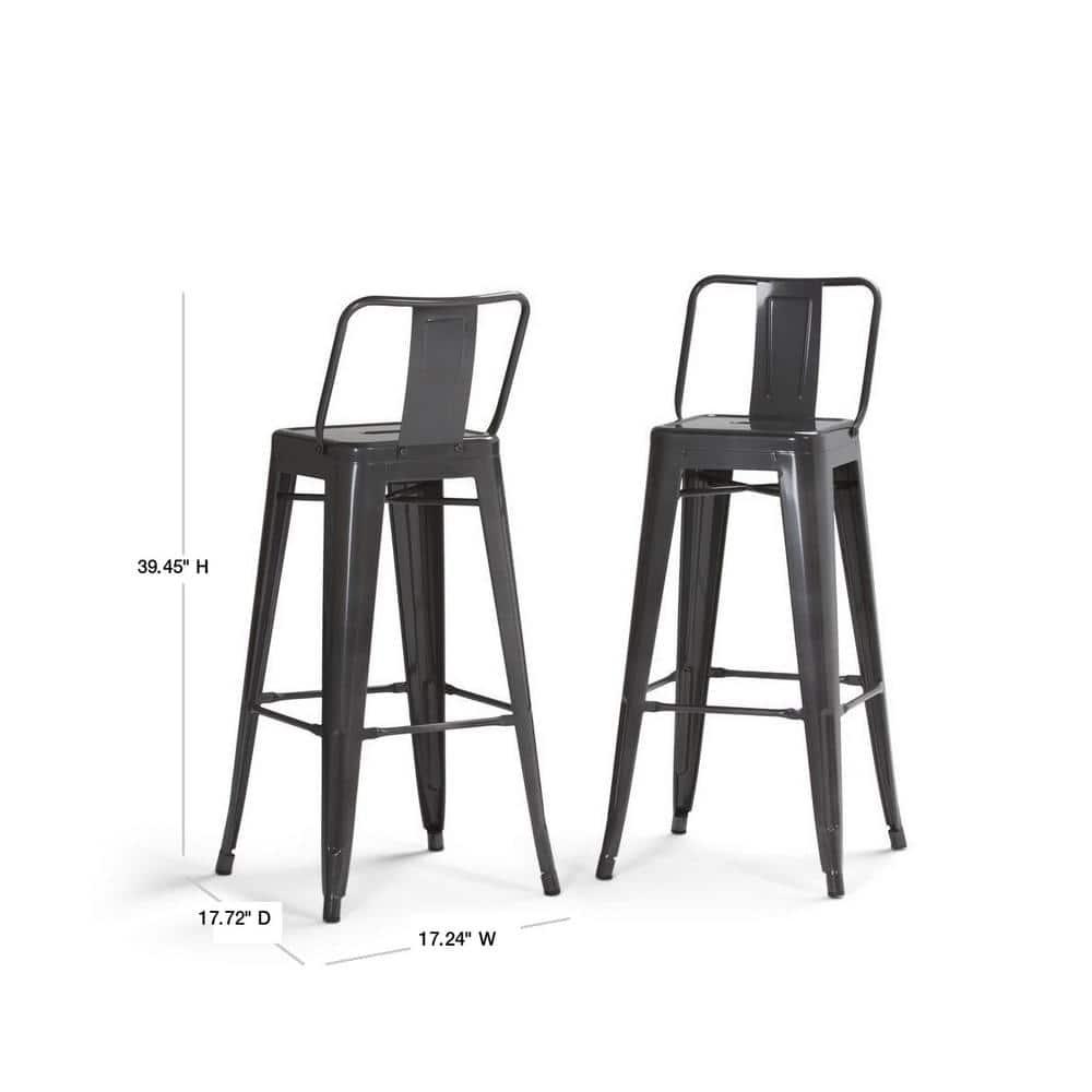 Simpli Home Rayne Metal Industrial Stool with Curved Back, Cross-Brace, and Footrest