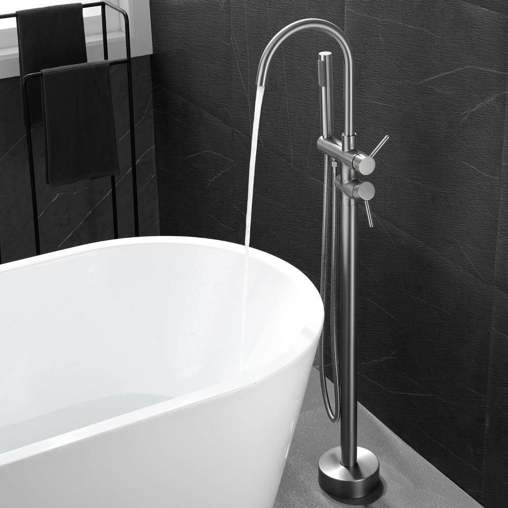 Double Handle Floor Mounted Freestanding Tub Filler With Handshower