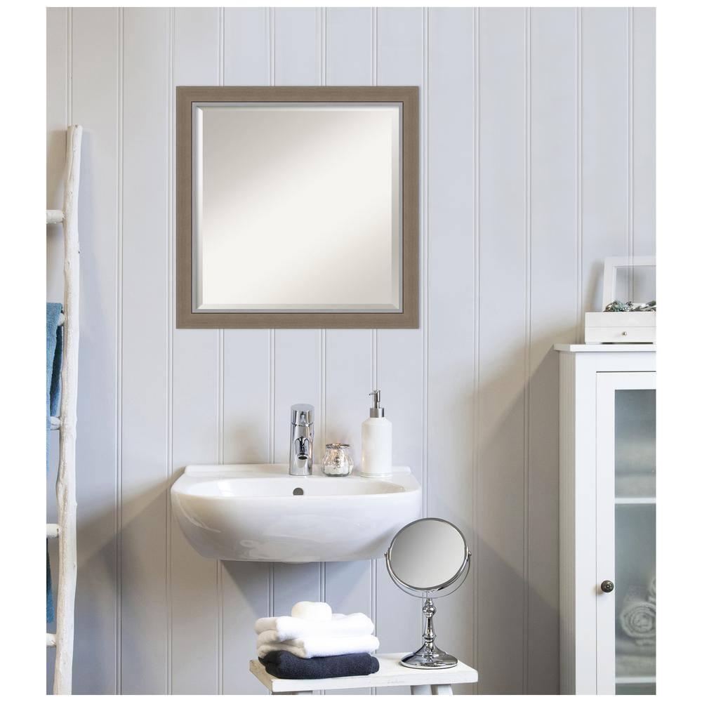 Amanti Art Beveled Bathroom Wall Mirror - Eva Narrow Frame Eva Brown Narrow Outer Size: 23 x 23 in Silver, Brown