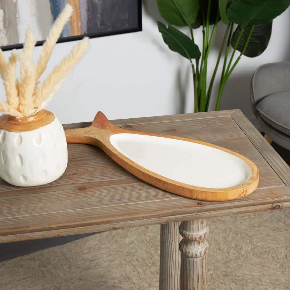 Brown Mango Wood Fish Decorative Tray with White Enameled Interior