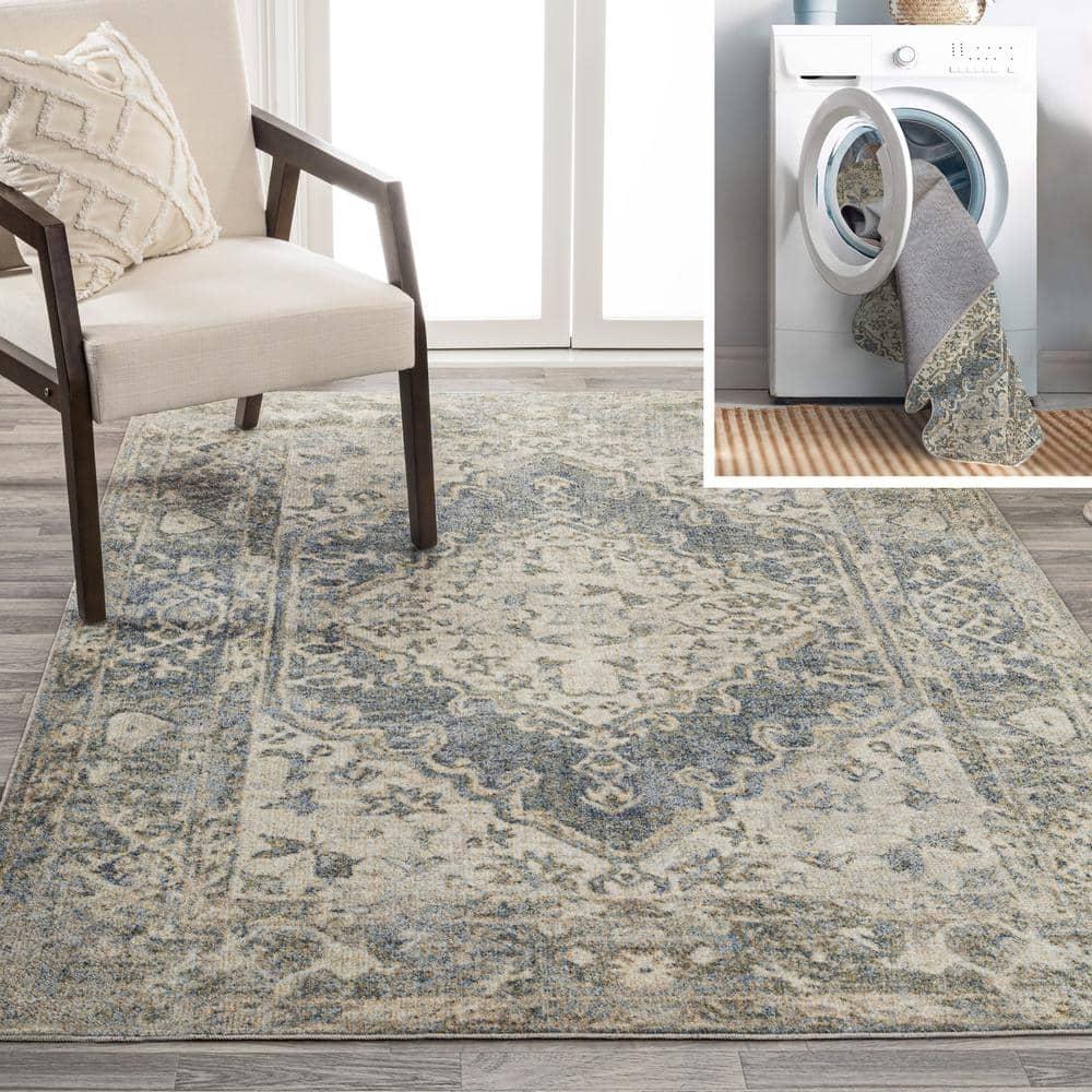 JONATHAN Y Pavel Distressed Medallion Low-Pile Machine-Washable Blue/Cream 3 ft. x 5 ft. Area Rug
