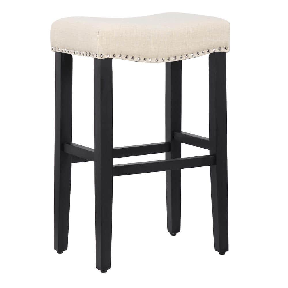 YAZAN 29" Upholstered Counter Stool with Nail Head Trim (Set of 2), Black/Beige