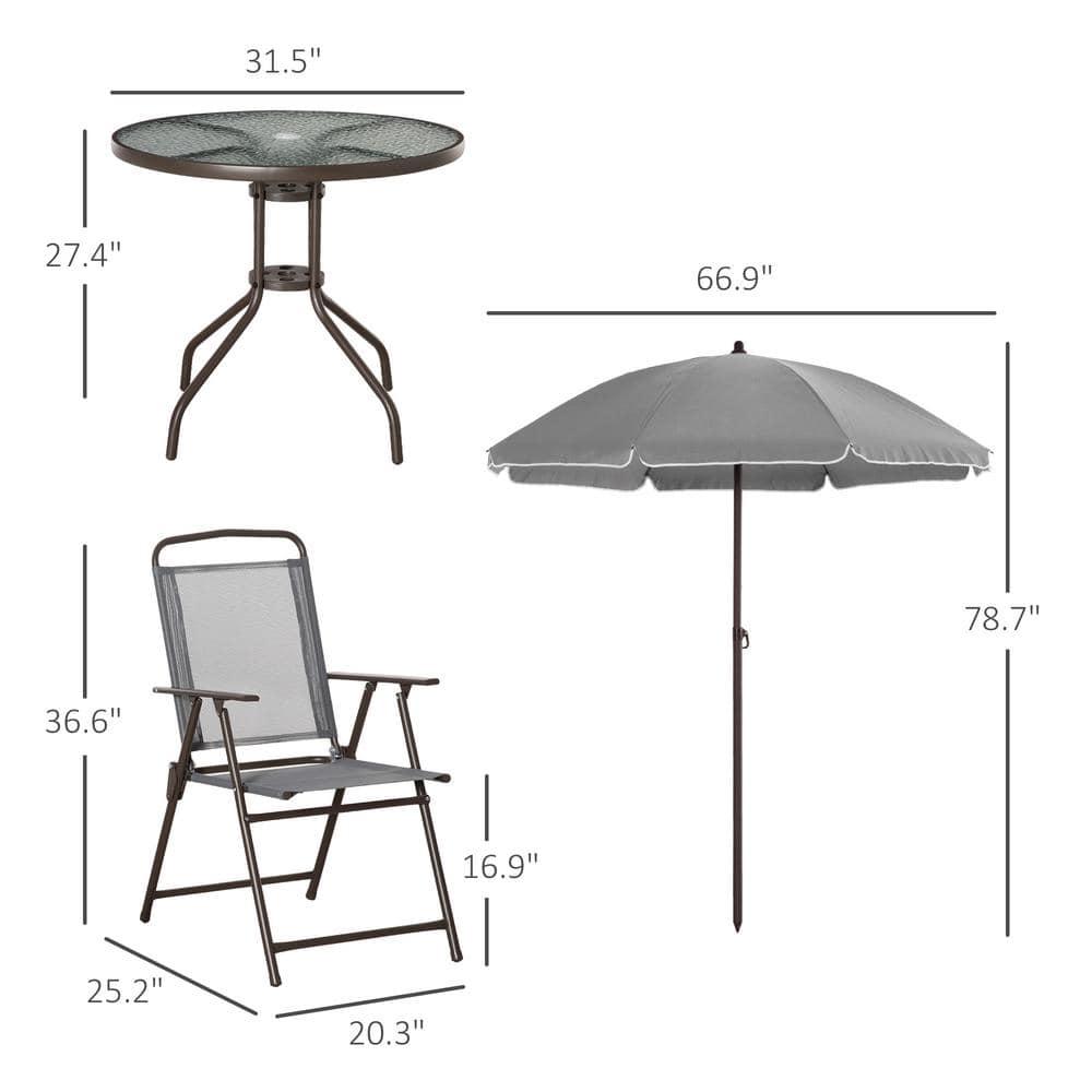 Outsunny 6 Piece Patio Dining Set for 4 with Umbrella, 4 Folding Dining Chairs & Round Glass Table for Garden, Backyard, and Poolside, Gray