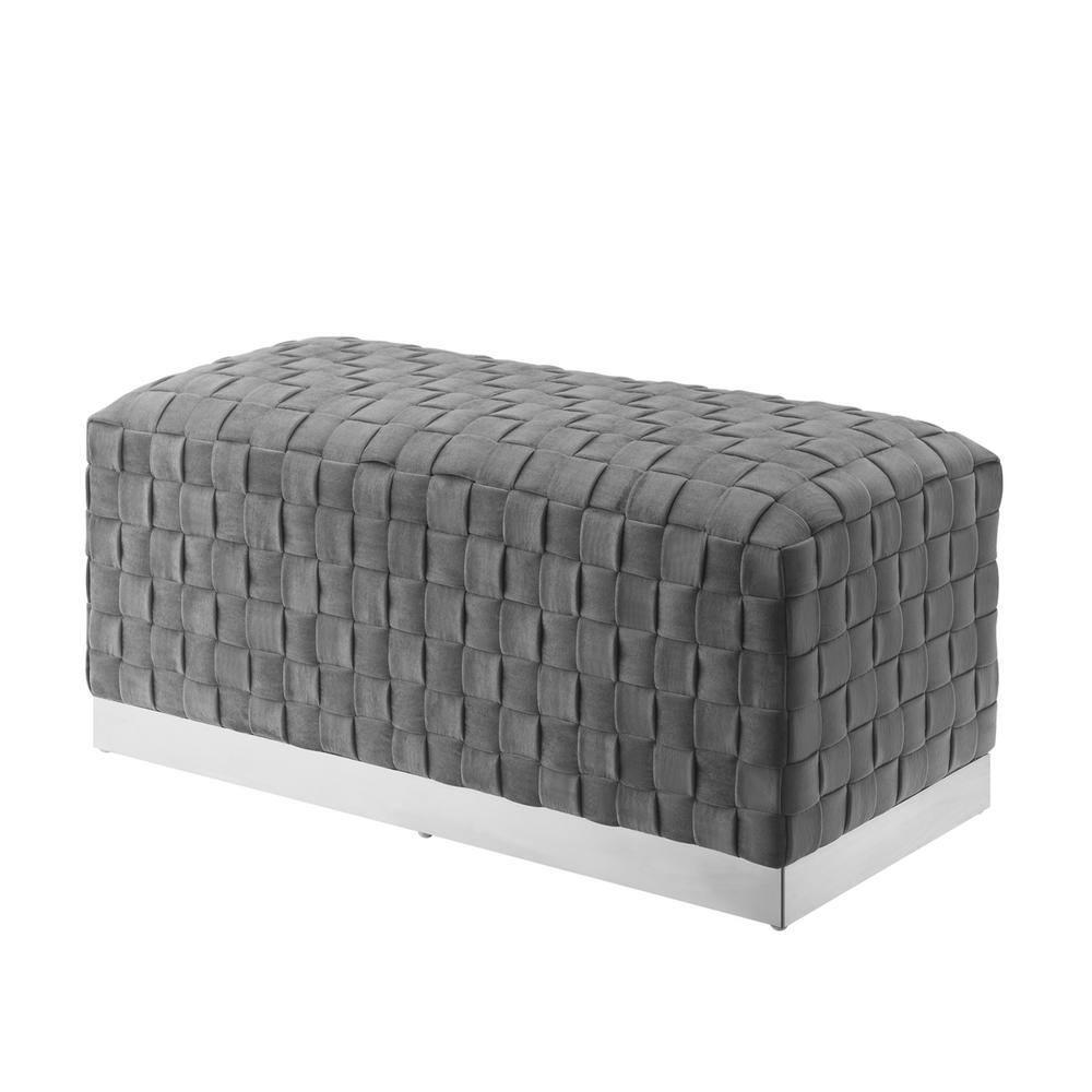 Boe Grey/Chrome Velvet Bench - Intricate Woven Pattern, Chrome Stainless Steel Base