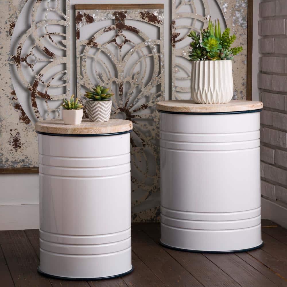 White Metal and Wood Farmhouse Storage Accent Stools, Set of 2