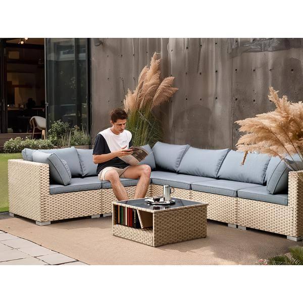 Aug-guan 7-Piece Patio Furniture Set, All-Weather Boho Outdoor Conversation Set Sectional Sofa with Water Resistant Grey Thick Cushions and Storage Table for Yard,Lawn,Grey