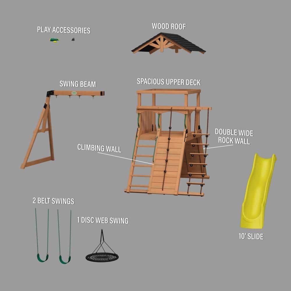 Backyard Discovery Endeavor Cedar Wood Swing Set, Slide, Play Deck, Rock Wall, Rope Ladder