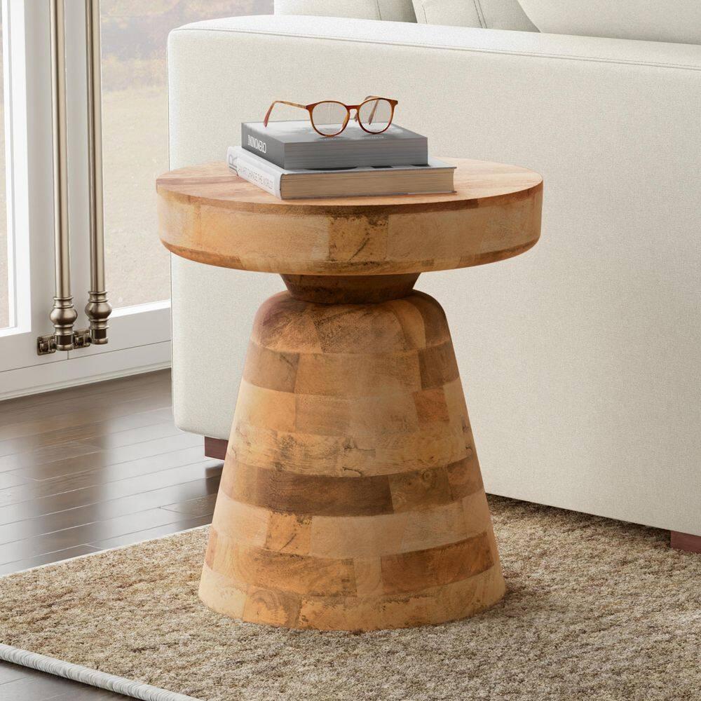Simpli Home Robbie 16"W Solid Mango Wood Round Accent Table with Sculptural Design