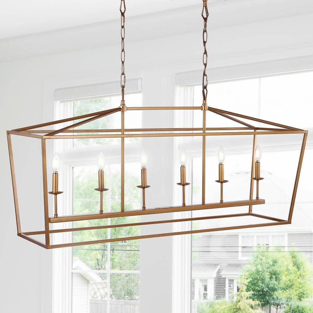 Pagoda 49" Linear 6-Bulb Lantern Metal LED Pendant, Antique Gold