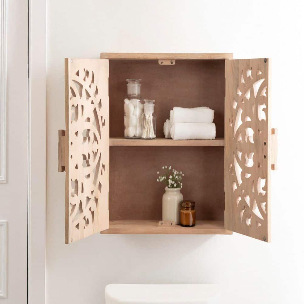Kate and Laurel Saanvi Traditional Carved Wood Wall Cabinet, 20 x 6 x 20, Light Natural, Dimensional Over the Toilet Storage Cabinet for Bathroom Storage and Display