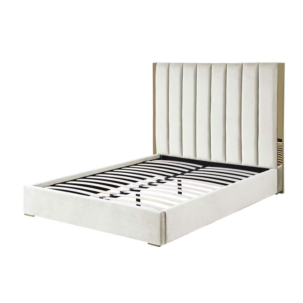 Jalen Beige Velvet California King Platform Bed with Gold Accents