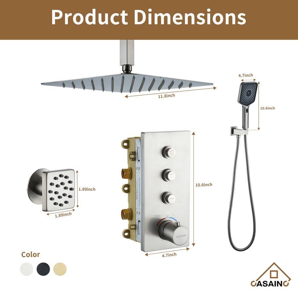 CASAINC 12'' Ceiling Mounted Square Shower System with Handheld Sprayer & 6 Body Jets, Brushed Nickel